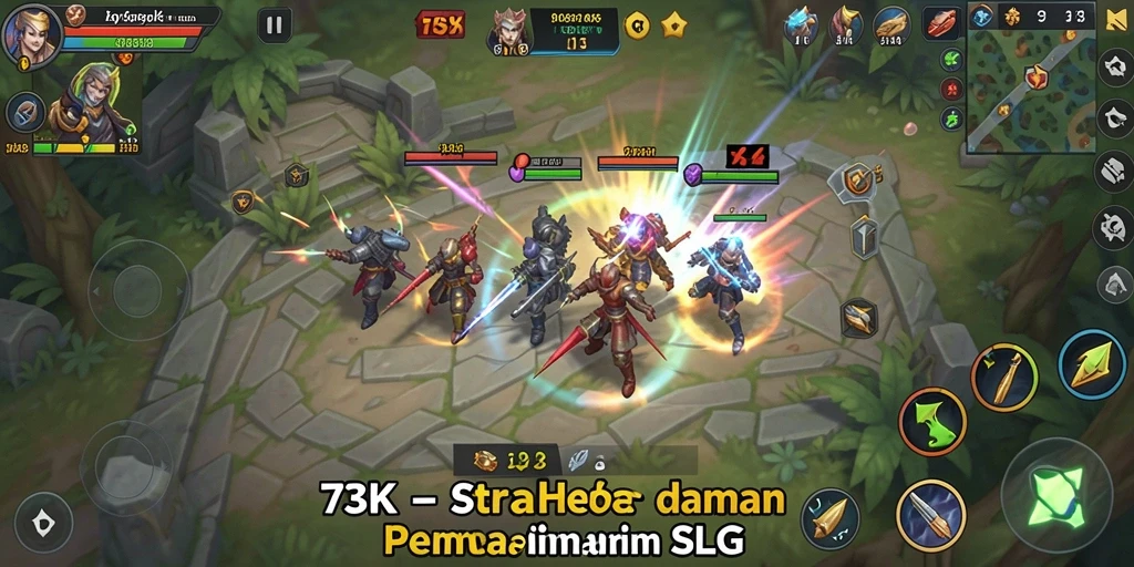 Tampilan gameplay strategis dalam 73K dengan aksi pertempuran seru.