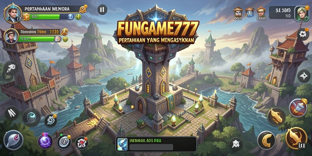 Tampilan gameplay yang seru dalam FUNGAME777 dengan menara dan musuh.