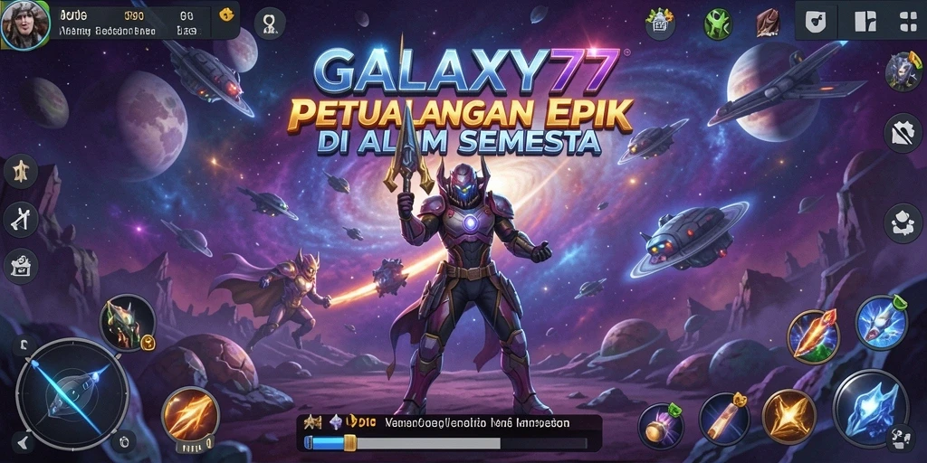 Screenshot gameplay GALAXY77 menunjukkan pertarungan epik di luar angkasa.