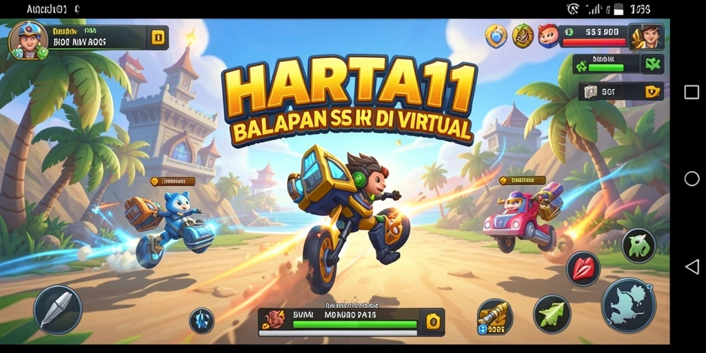Gameplay HARTA11 yang mendebarkan dengan mobil balap di lintasan.