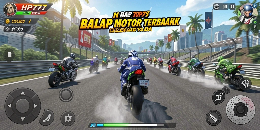Tangkapan layar HP777 yang menampilkan aksi balap motor yang mendebarkan.