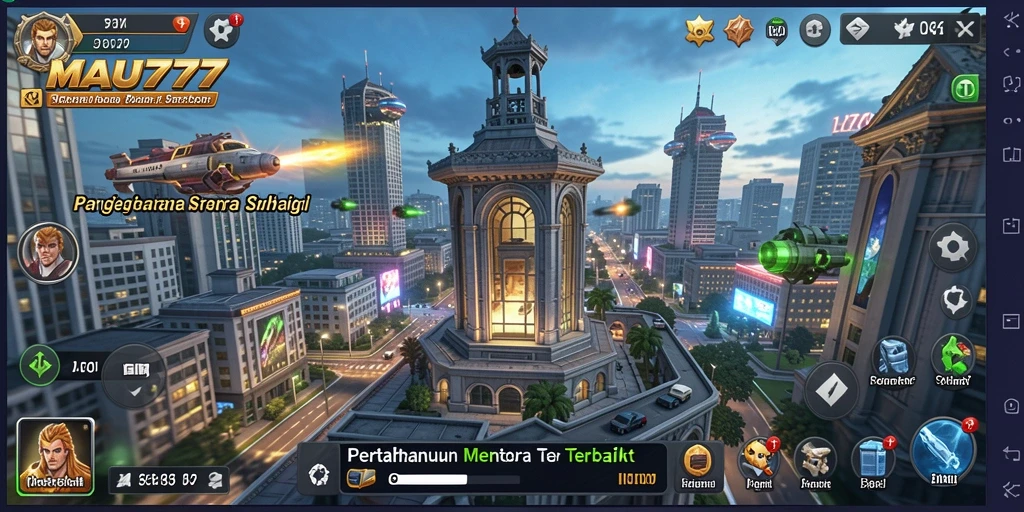 Tampilkan screenshot MAU777 yang menampilkan aksi pertahanan menara yang seru.