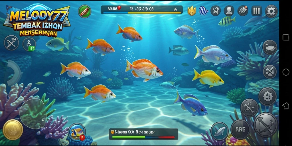 Gameplay seru MELODY77 dengan berbagai ikan untuk ditembak.