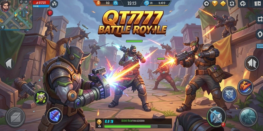 Tangkapan layar utama QT777 menampilkan aksi gameplay Battle Royale yang intens.