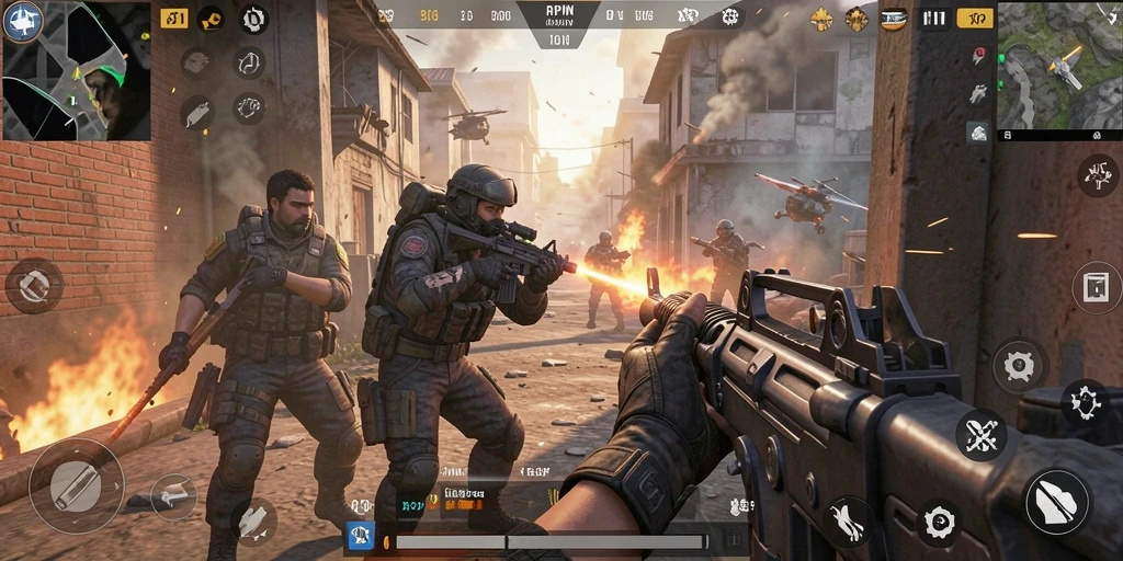 Screenshot gameplay RPWIN menampilkan aksi intens pertempuran FPS.
